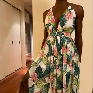 White Floral Print Front Slits Backless Dress